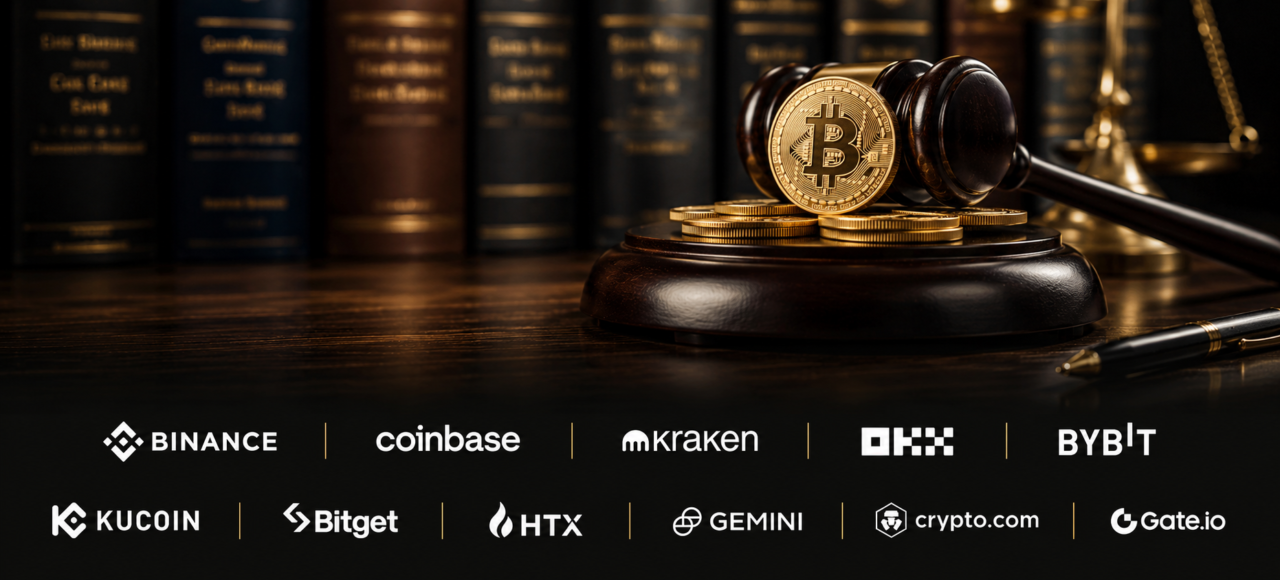 Cryptocurrency exchange claims and disputes legal services with Bitcoin, judge's gavel and major cryptocurrency exchange logos.